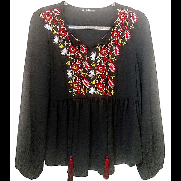 Floral Embroidered Boho Babydoll Barrel Sleeve Top Size Small - Picture 2 of 13